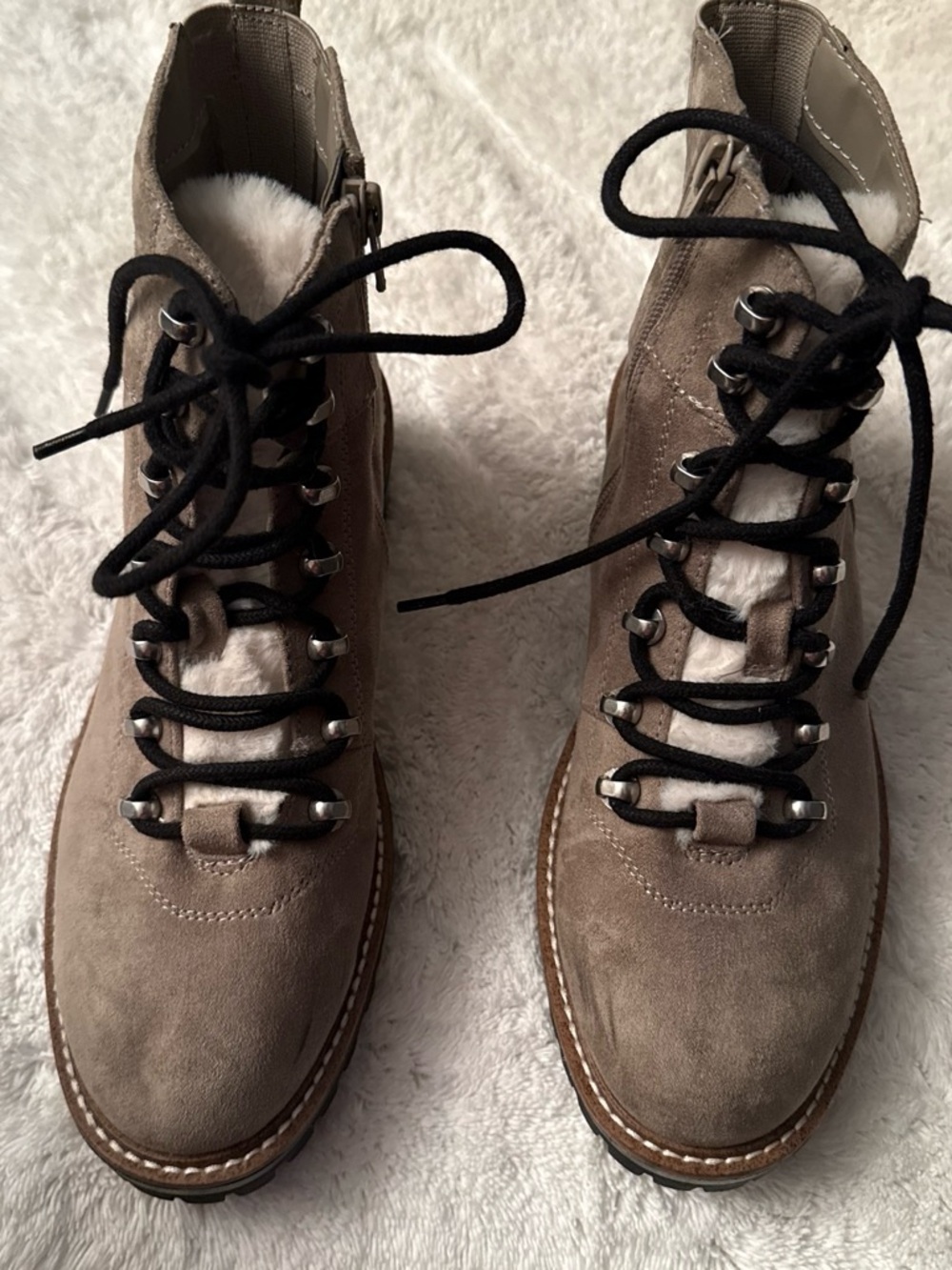 Taupe Suede Lace-Up Ankle Boots with Faux Fur Lining